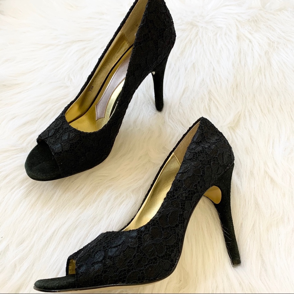 Hale Bob Black Lace Peep Toe Pumps High Heels